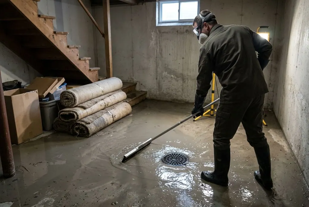 Person in rubber boots, gloves, goggles and a respirator squeegeeing dirty water toward a basement floor drain