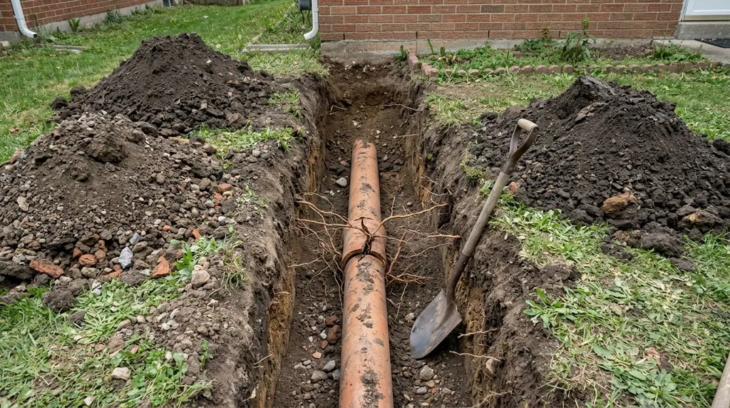 Excavated trench exposing a clay sewer lateral with tree roots growing in at a joint
