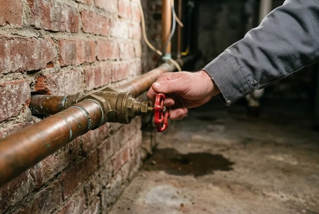 Hand turning the red wheel handle of a gate valve on a basement water line