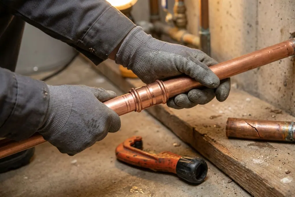 Gloved hands sliding a copper repair coupling onto a cut water pipe, with the split section and a tubing cutter nearby