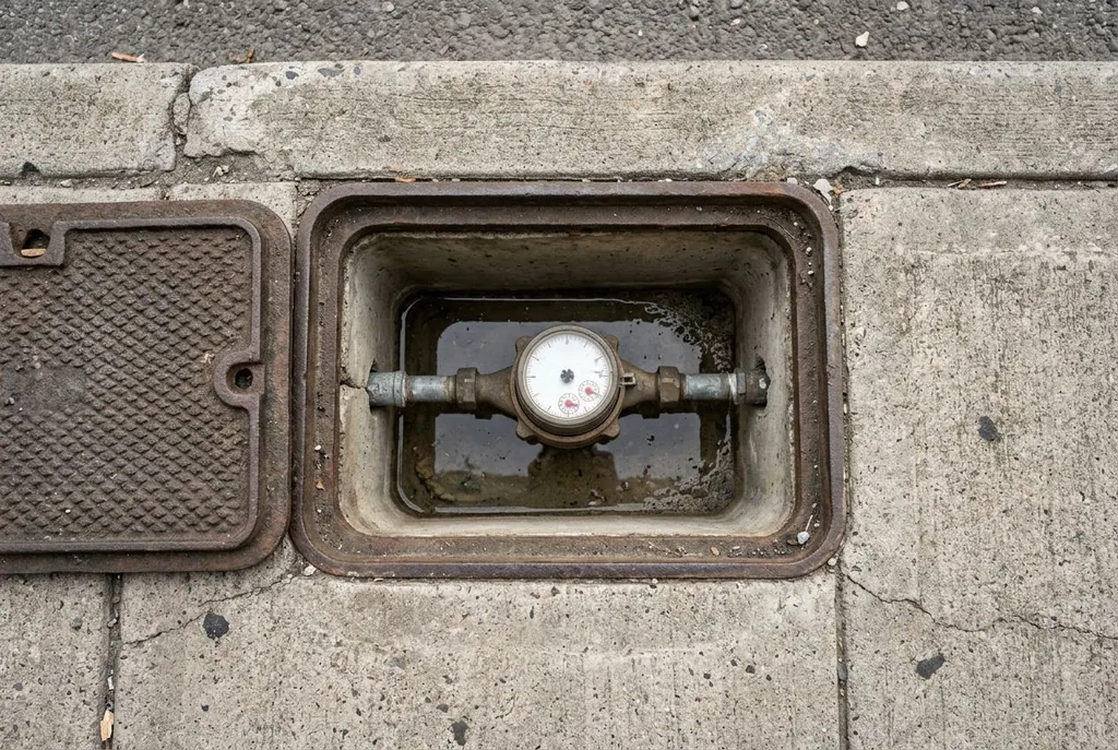 Water meter inside a concrete meter vault set in the sidewalk