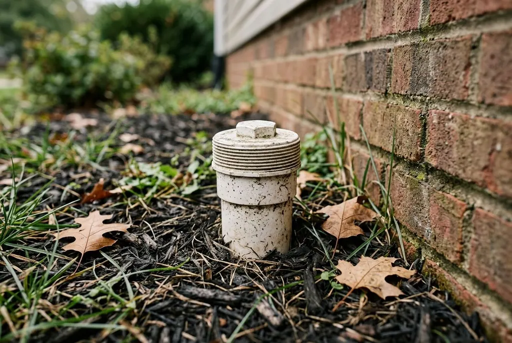 Capped sewer cleanout pipe in a mulch bed beside a brick house