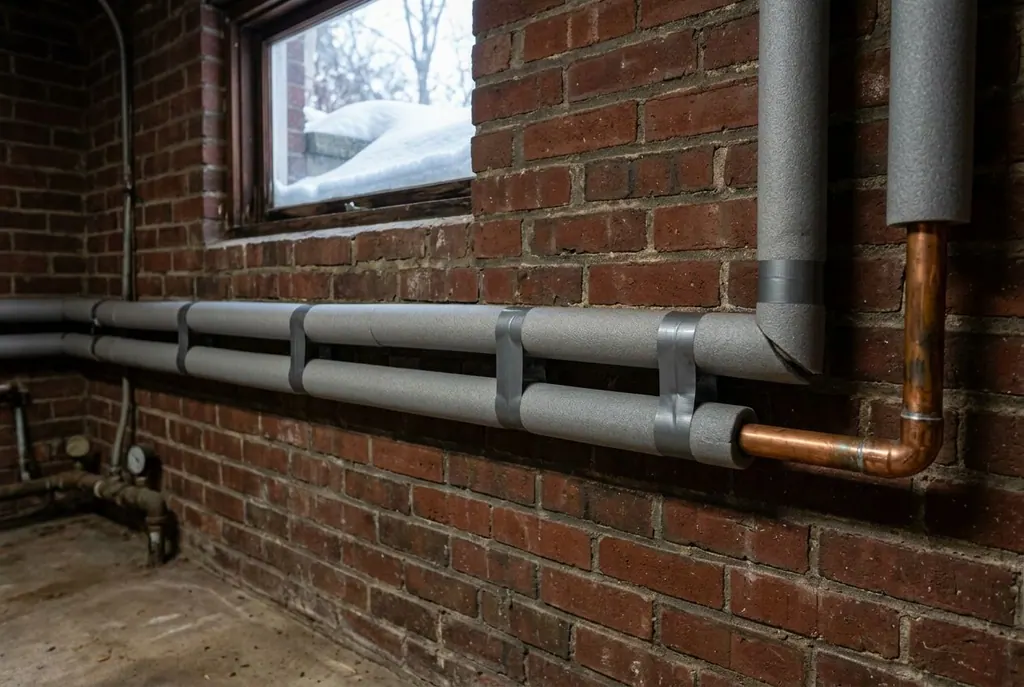 Gray foam insulation sleeves on water pipes along a brick basement wall