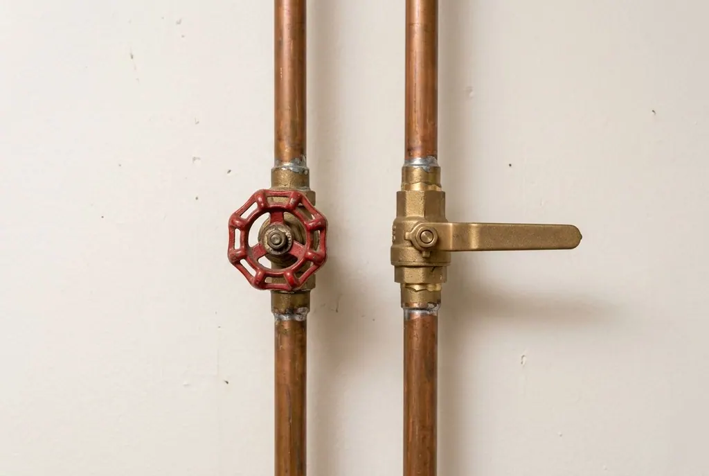 Gate valve with a round wheel handle beside a ball valve with a lever handle