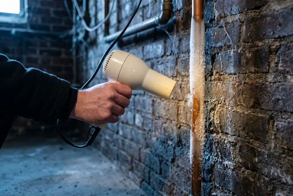 Hair dryer warming a frost-covered copper pipe on a brick basement wall