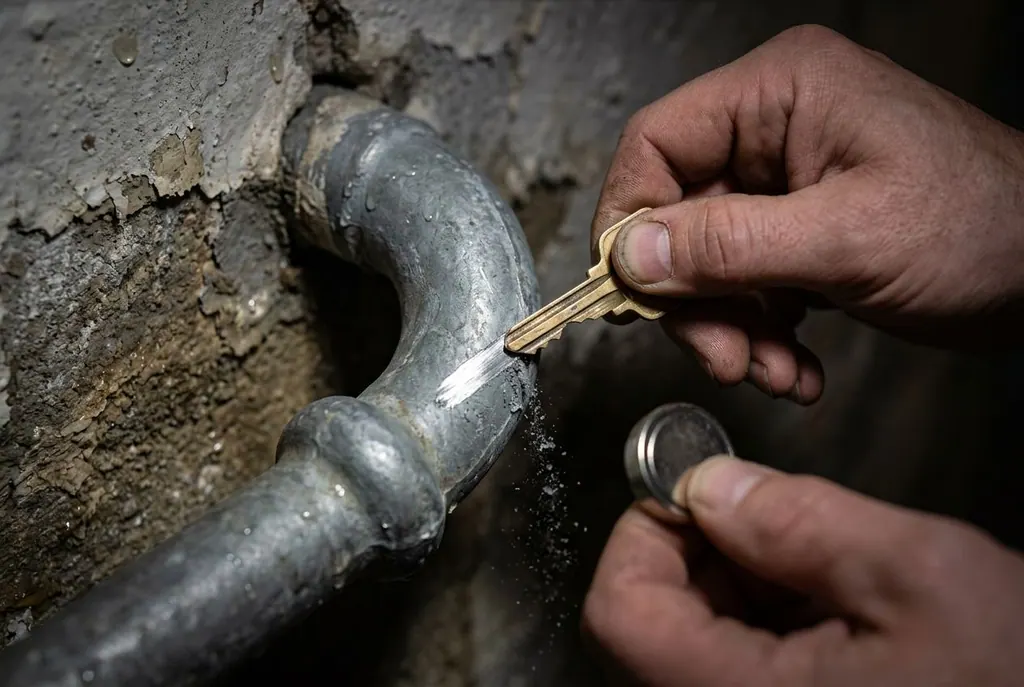 Key scratching a dull gray water pipe to show shiny silver metal underneath