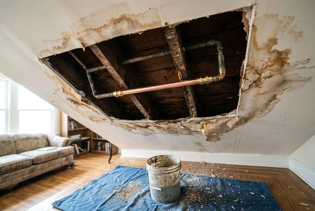 Water-stained ceiling cut open to reach a repaired copper pipe