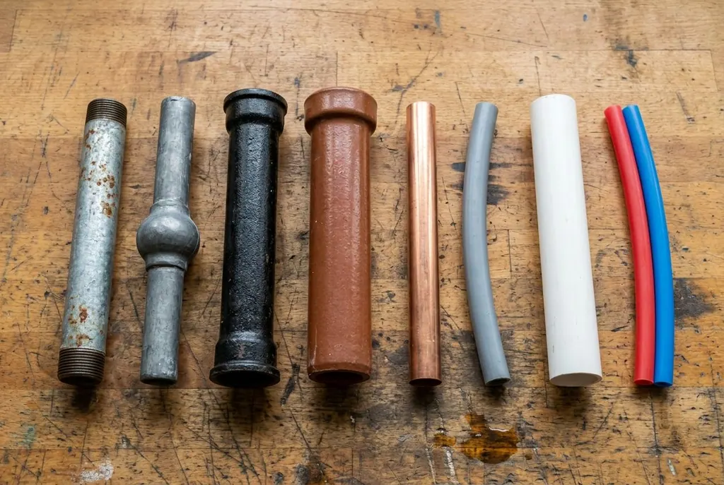Pipe samples side by side: galvanized steel, lead, cast iron, clay, copper, polybutylene, PVC and PEX