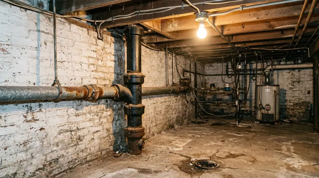 Brick rowhouse basement with galvanized water pipes and a cast-iron drain stack