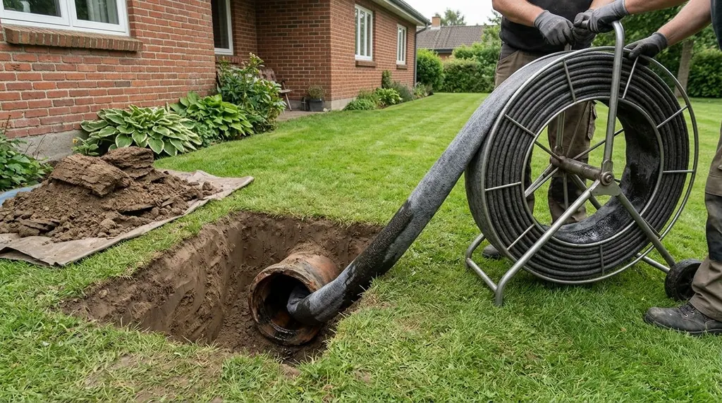 Crew feeding a trenchless liner into an old sewer pipe through a small access pit in a lawn