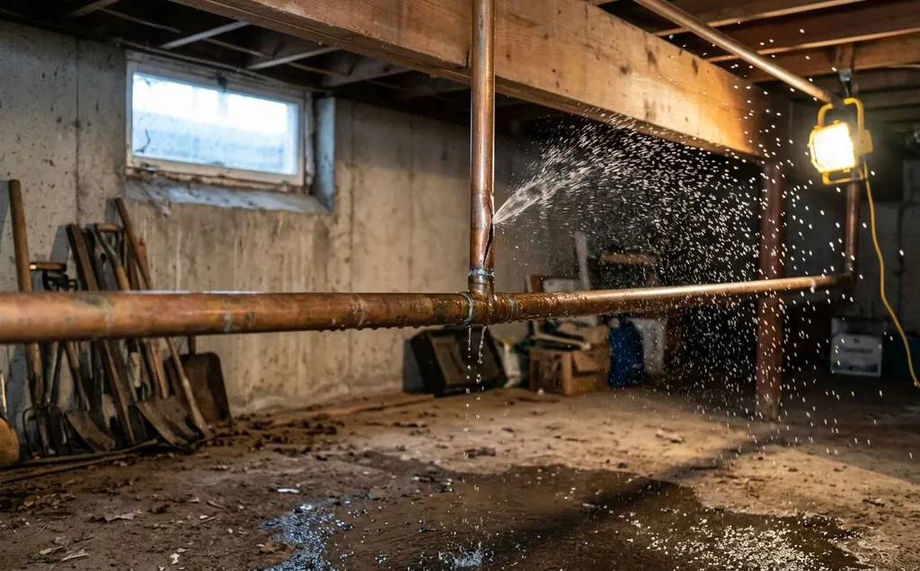Split copper water pipe spraying water in an unfinished basement