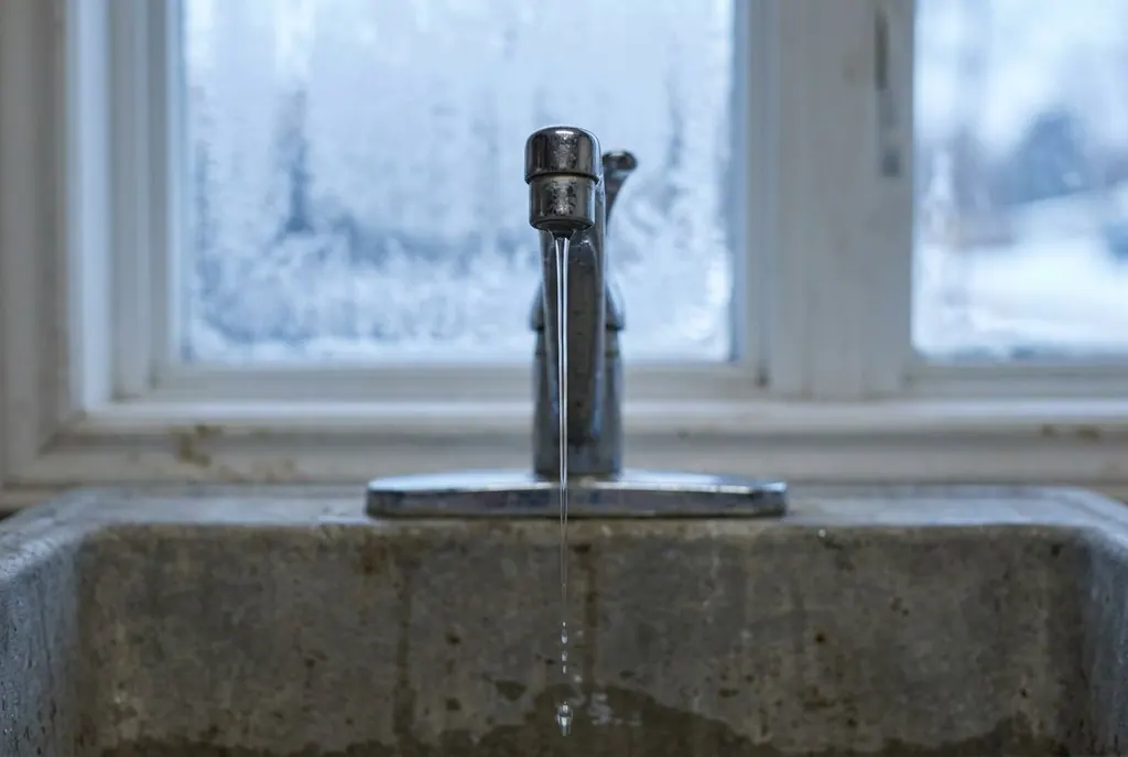 Thin steady stream of water running from a utility sink faucet in freezing weather